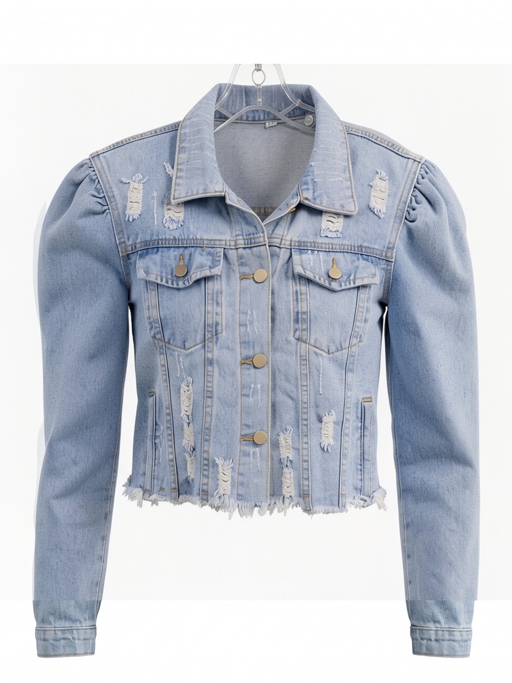 Distressed Light Blue Denim Jacket - Puff Shoulder